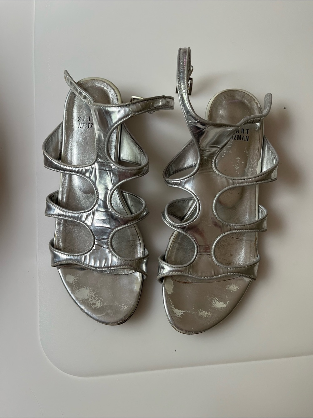 Stuart Weitzman Metallic Silver Multi-Strap Sandals